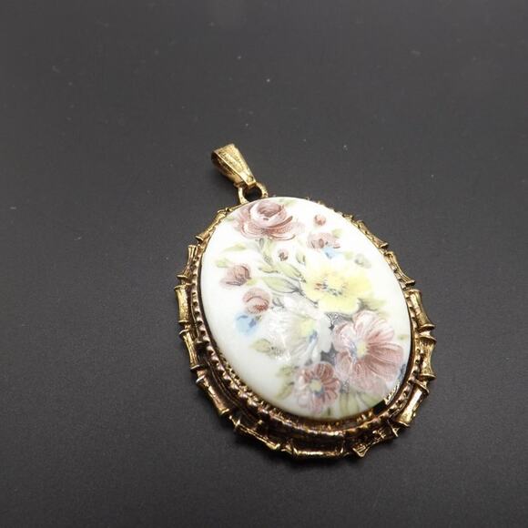 Vintage Floral Porcelain Oval Pendant, Bamboo Design Frame, No Chain, 2 3/8 Inch - Picture 3 of 10